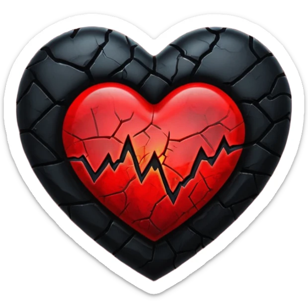 iOS style emoji, dark fantasy heart, black cracked heart, red inner glow, glossy sticker