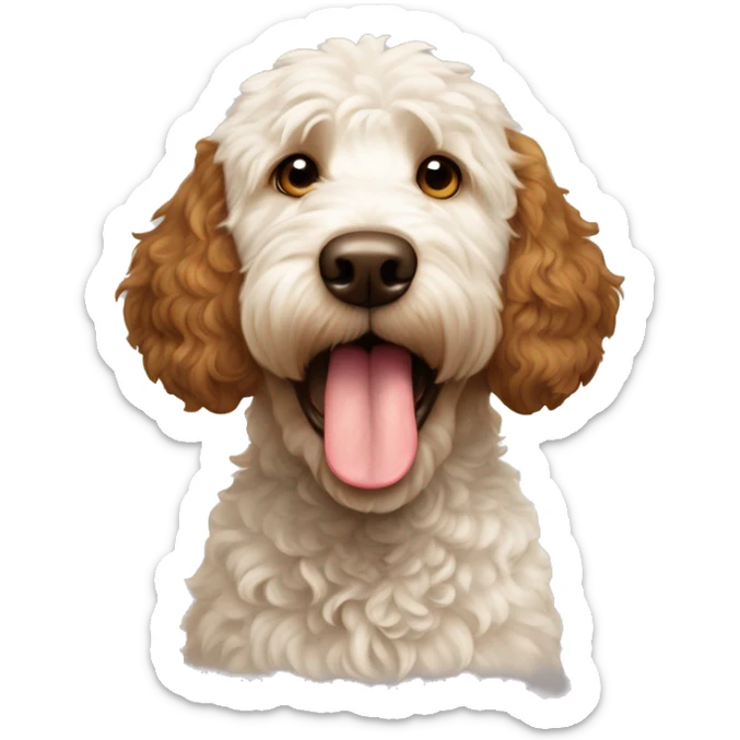 Brown and white patches Golden doodle dog showing tongue white head brown ears and brown patch on head sticker