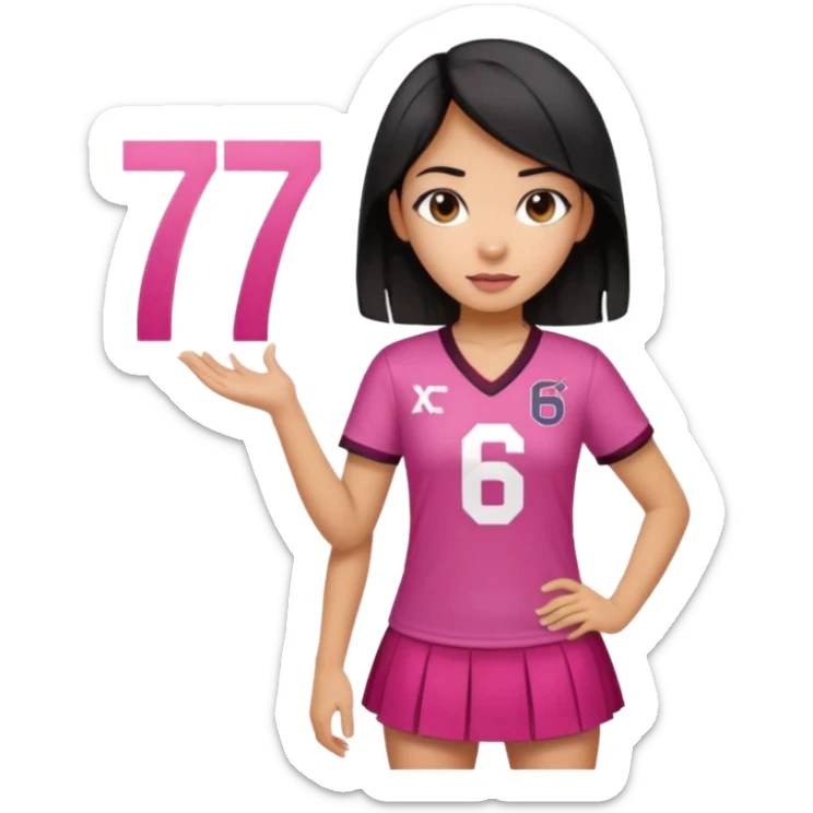 Hawaiian girl with black hair with dark pink highlights in hair with short skirt and jersey shirt number 67 sticker