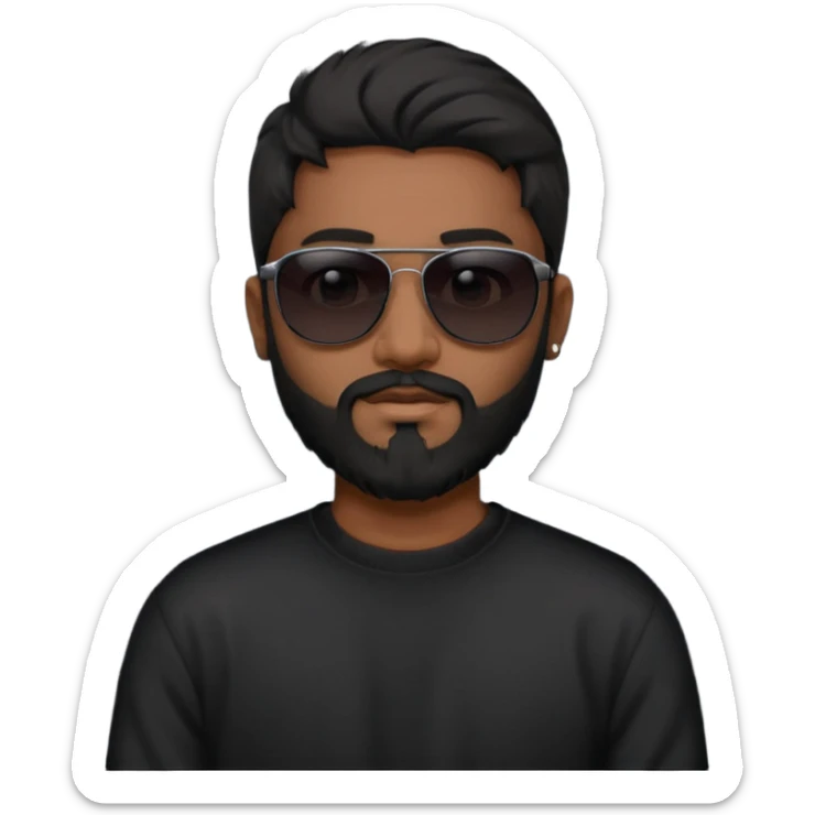 Indian man with  black mullet  and beard and black sunglasses and black jumper sticker
