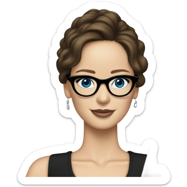 Realistic Photo of Brunette Jennifer Lawrence wearing black glasses and blue eyes talking on their laptop  sticker