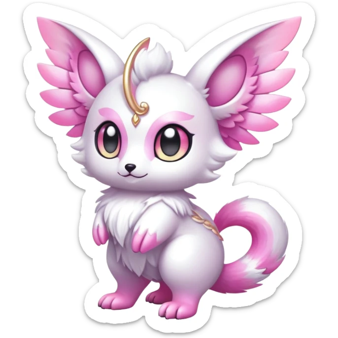 Shiny epic glittery iridescent divine white gold pink animal-fakemon-creature with head-ear-wings, cute, adorable, big eyes, fluffy tail sticker