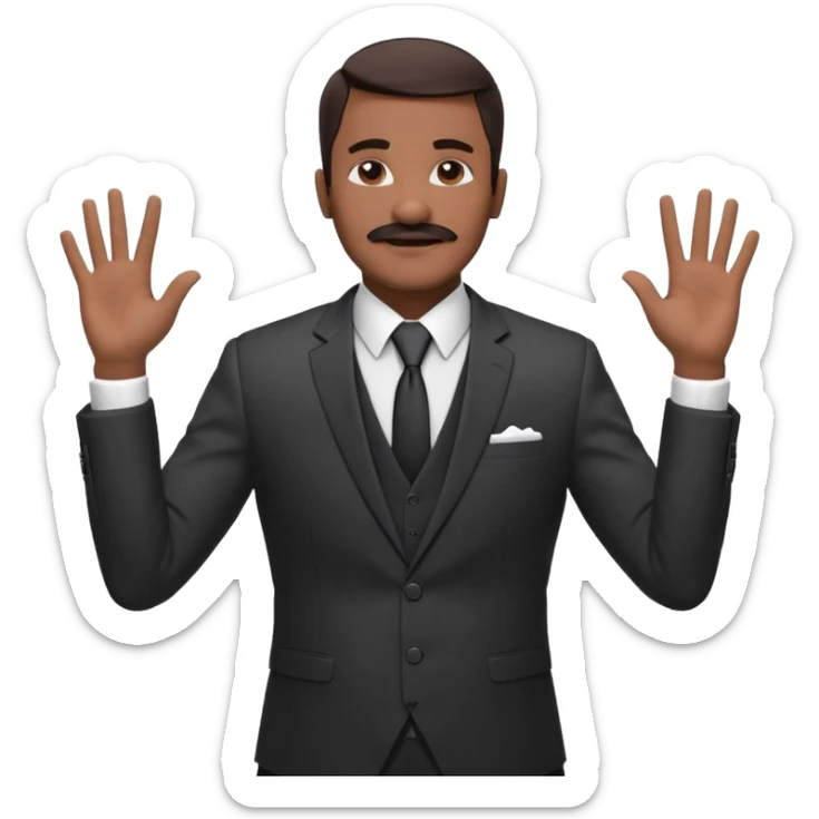

“A confident man with medium-dark skin tone wearing a suit, tie, and vest, holding both hands up with fingers spread, making a ‘calm down’ or ‘I’m just saying’ gesture. His eyes are closed, and he has a mustache, giving a vibe of laid-back confidence or mock innocence. sticker