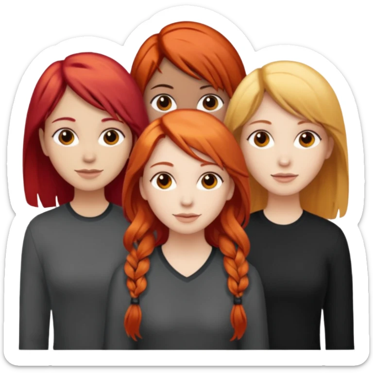 Can you create an image of 3 friends together one with red bright hair light skin one the other with brown hair with some blonde highlights in the hair fair skin the last one with light brown a tint of orange hair and black long hair with brown  sticker