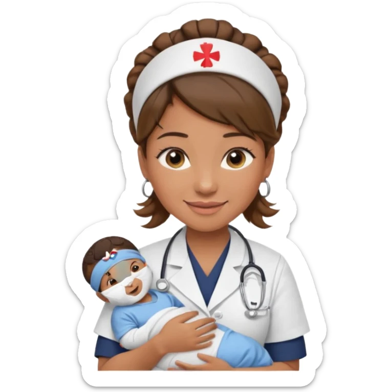 Female nurse smiling with her hair tied up in a roll on the top front of head with medium brown skin and brown eyes holding one new born with navy blue short sleeves sticker