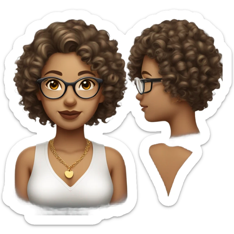 curly haired, olive skinned, girl, with transparent glasses, brown eyes and dark blonde hair with some meshes. a little curvy, oval face and plump lips. with a white bodysuits and cute gold necklace and gold earrings. sticker