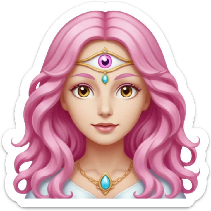 Pleiadian radiant glowing diva goddess woman female with third eye but light brown eyes and pink and white long wavy hair sticker