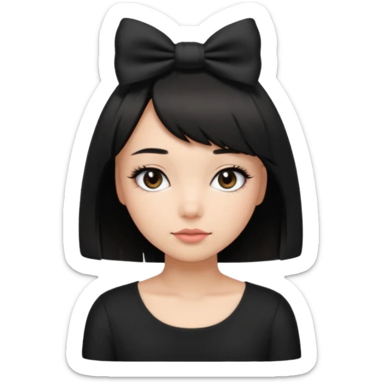 Girl with black cute bob cut with a black top and a bow on her head with long lashes sticker