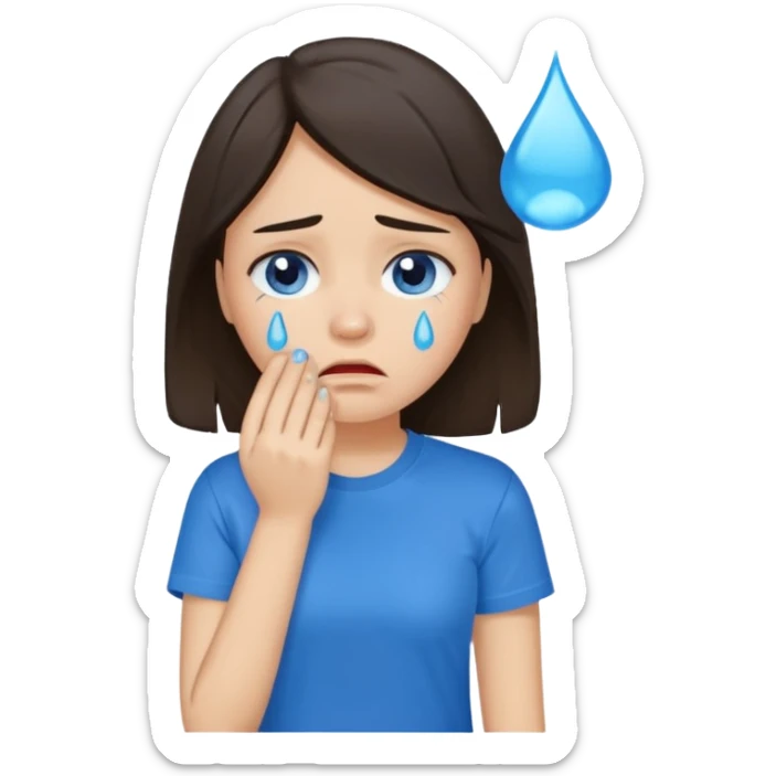 sad brunette girl crying with blue tears wearing a blue tshirt sticker