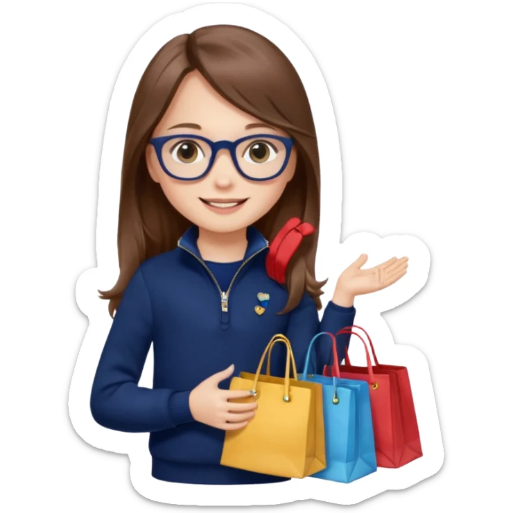 A little girl (he usually calls her baby), who is obsessed with shopping and luxury brands and holds a dozen of bags, she wears navy blue half zip sweater and holds 10 bags and she has long brown hair with Prada eyeglasses. The previous one but with eyeglasses  sticker