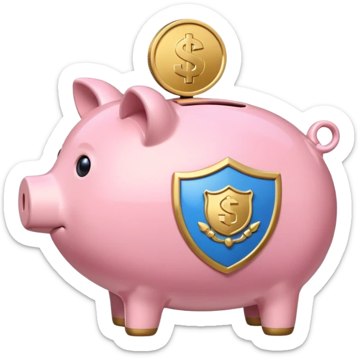 A clean and simple emoji-style icon: A stylized piggy bank with a coin dropping into it from above. Next to the piggy bank, a small shield symbolizing security and protection. Minimal details, rounded shapes, bright flat colors, consistent with standard emoji design. sticker