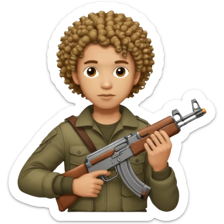 AK47 in hand, light skin male with curly hair and a fade sticker