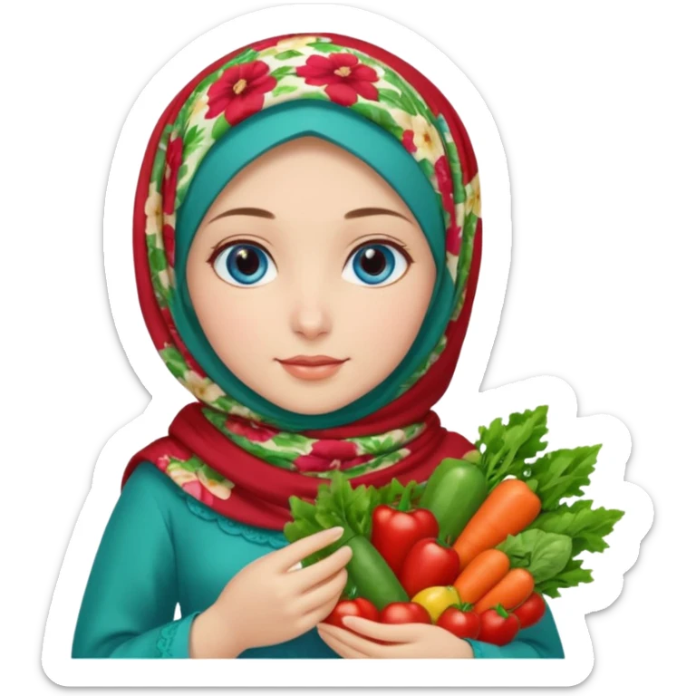 Turkish beautiful finish Konya girl blue eyes with floral mix hijab and green red dress and she had on her hand vegetables  sticker