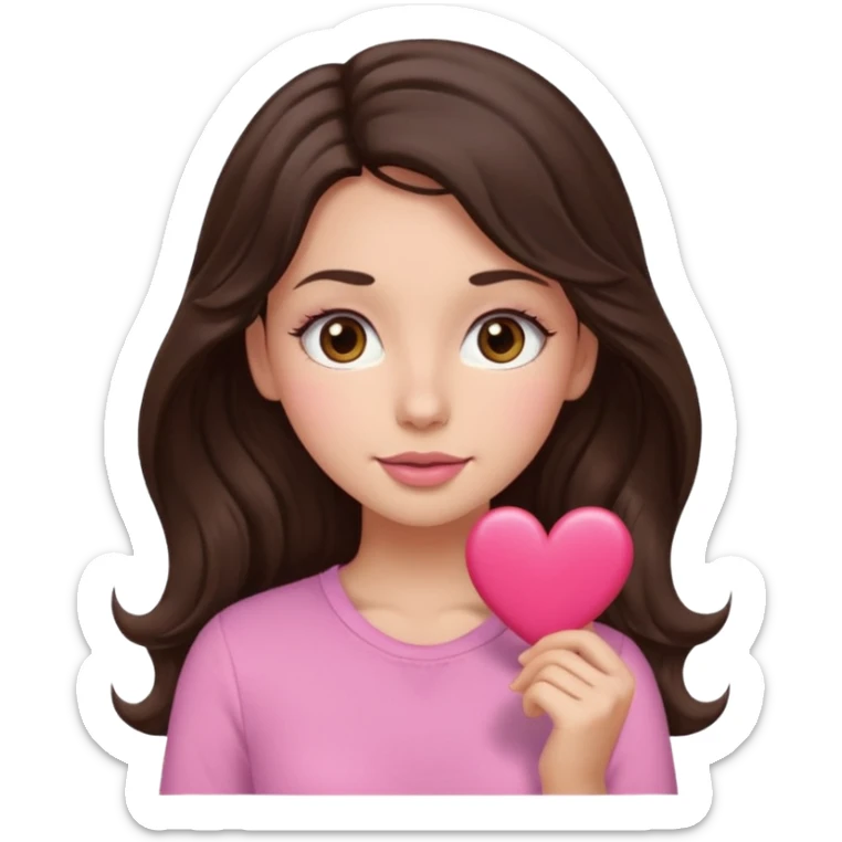 Can you show me an emoji of a girl with long wavy dark brown hair,brown eyes with long eyelashes, heart mixed with square shaped face, normal lips, wider nose then usual but still small, light blush and a pink tight shirt,kinda cartoonish emoji too  sticker