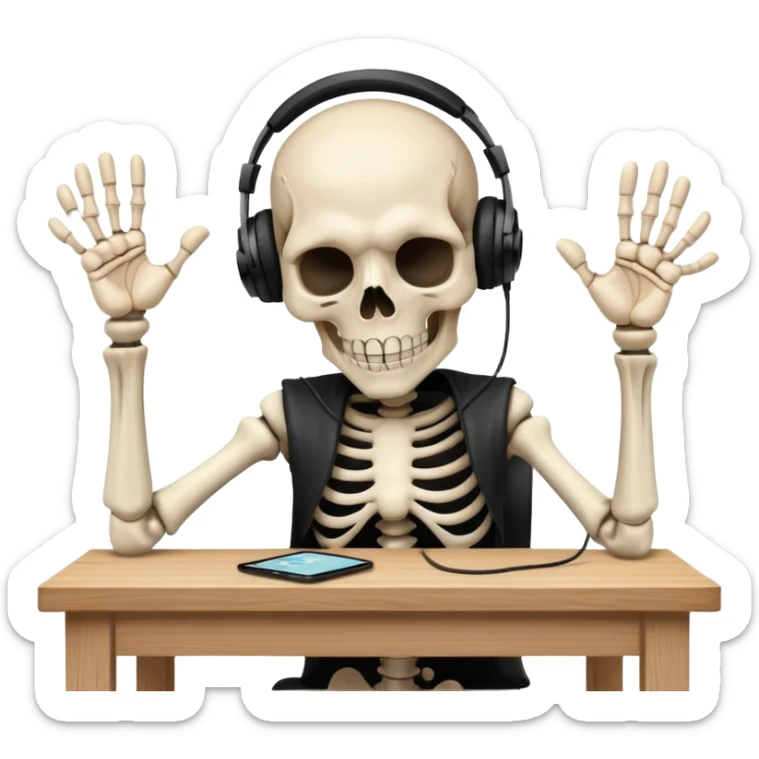 Mad skeleton at desk with black headphones on slamming his hand into his desk sticker