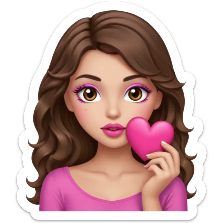 girl with long wavy brown hair, brown eyes, long lashes makeup, sexy pink lips, light to medium complexion, wearing a pink sexy top, sexy , puckering, blushing, kissing a heart sexy sticker