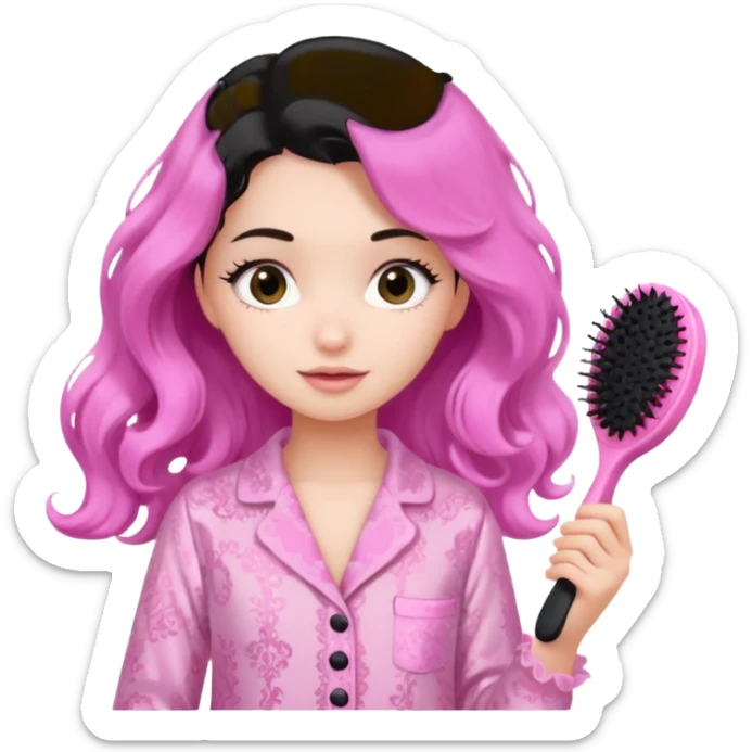 girl with medium length black way hair wearing pink lacy pajamas brushing her hair with pink hairbrush sticker