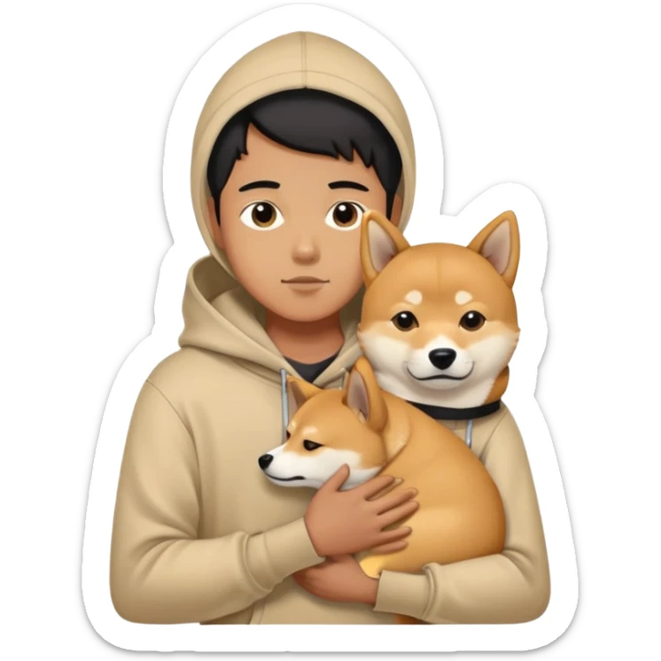 boy beige hoodie cuddling Shiba Inu and a black Shiba Inu sticker