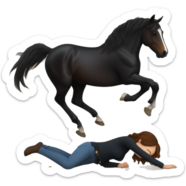 The girl with brown hair is falling on the ground. The black horse is standing sticker