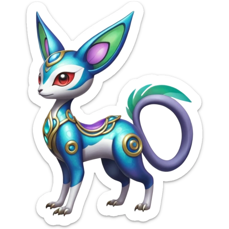 Shiny Colorful Futuristic Ornate Oriental Painted Asian Vernid-Trico-Meloetta-Latias-Koraidon-Peppercat-Protogen-Pokémon-Digimon-Fakémon-fusion-hybrid-creature sticker