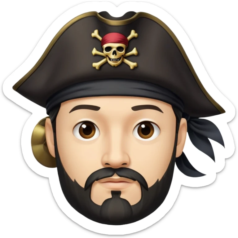 "- Nam
- 35 tuổi
- Da trắng
- Râu quai nón
-  Cướp biển caribe
- đội mũ cướp biển màu đen sticker