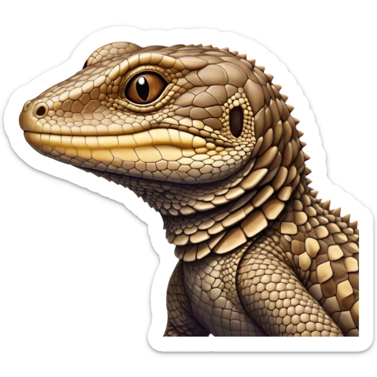 Meme-Worthy cute Sleeping brown camo spotted monitor Lizard Portrait Emoji, Head resting peacefully with a contented smile, showcasing intricately patterned scales and eyes gently closed in serene slumber, Simplified yet comically adorable features, highly detailed, glowing with a soft, drowsy earthy light, high shine, relaxed and utterly lovable, stylized with an air of playful laziness, bright and heartwarming, soft glowing outline, capturing the essence of a sleeping reptilian guardian that feels destined to become the next viral icon of adorable rest! sticker