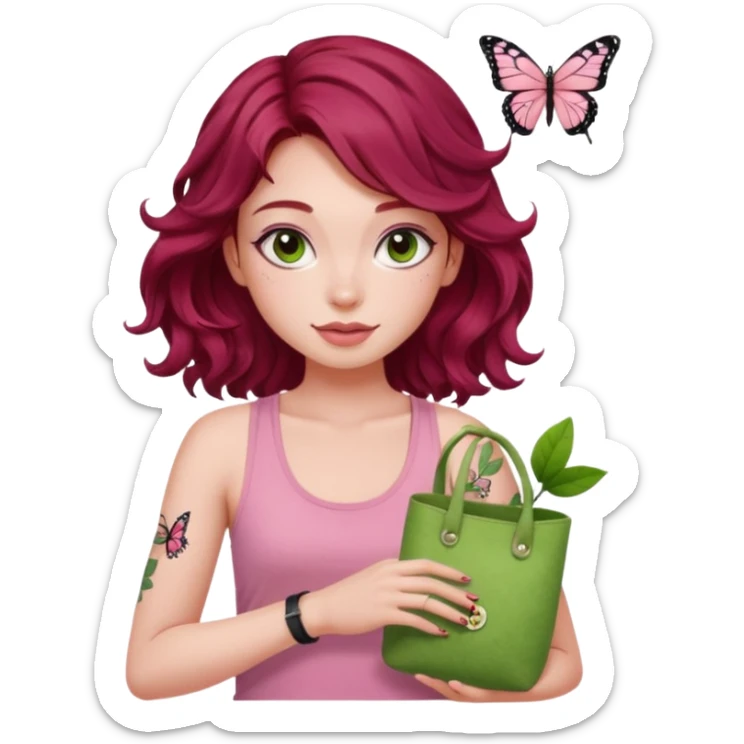 a pretty fair bratz girl with wavy dark red hair, wearing a pink tank top , carrying a matcha and a pink bag. eyeliner on. butterfly tattoo on arm sticker