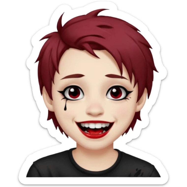 Laughing pale Goth boy with piercings, with shaggy brown hair, and messy black eyeliner , smudged, red, lipstick  sticker