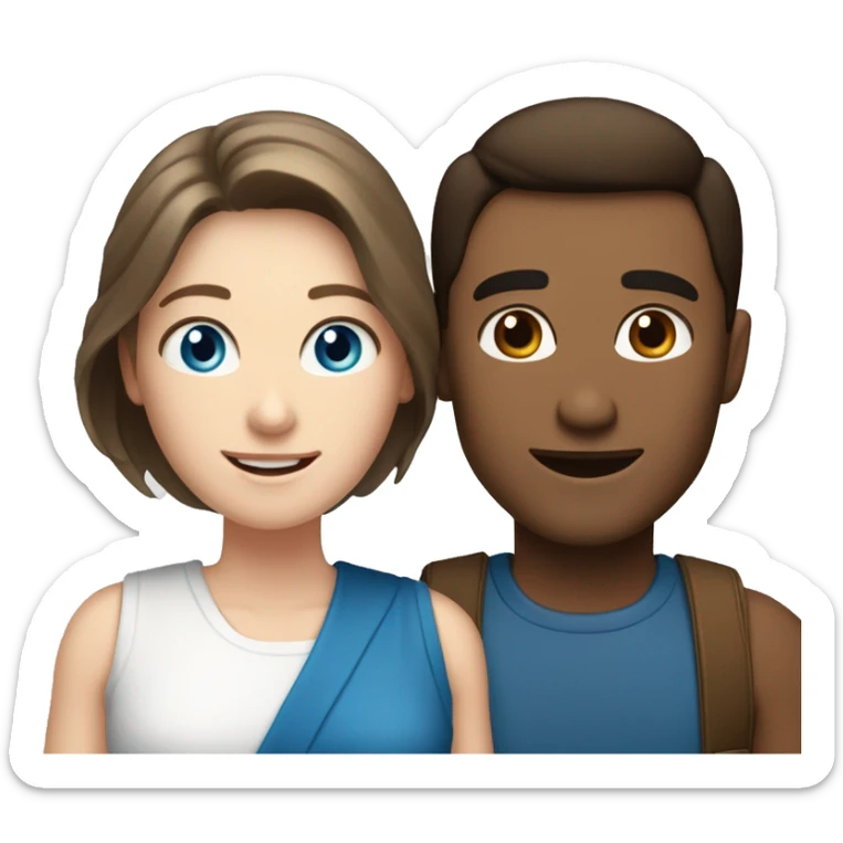 Smiling couple, one man with pale skin, brown hair and blue eyes, and one tan woman with dark hair and dark eyes sticker