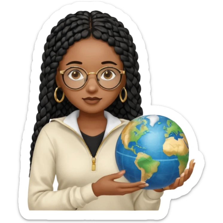 a young woman wearing fine gold round glasses and black hair in several box braids, no earrings, she has light black skin, and she's wearing a white shirt with a black quarterzip sweater. She's holding a globe in one hand sticker