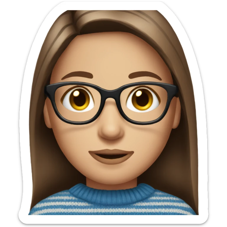 beautiful woman, long straight brown hair, blue eyes, striped knit sweater, with glasses sticker