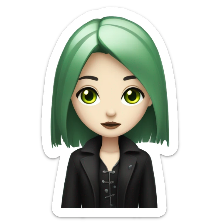 pale girl with green eyes and shaggy black hair and gothic clothes  sticker