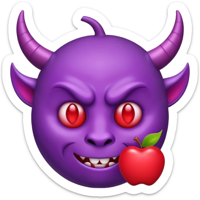 Purple demon emoji with red hearts for eyes, apple emoji, circular head with horns sticker