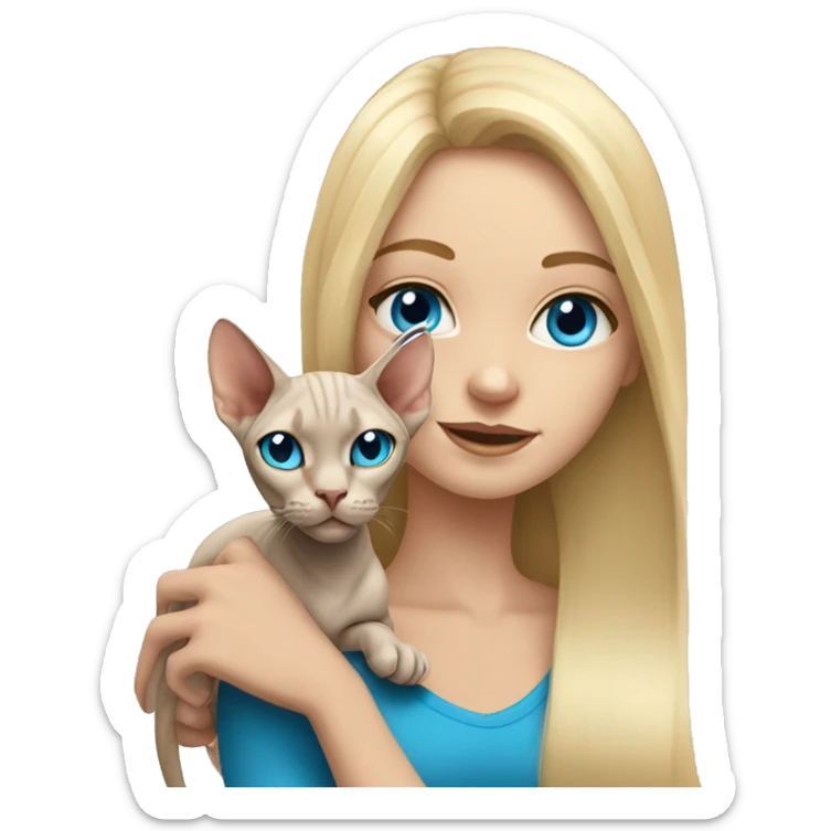 Blonde girl with long hair and blue eyes holding sphynx cat sticker