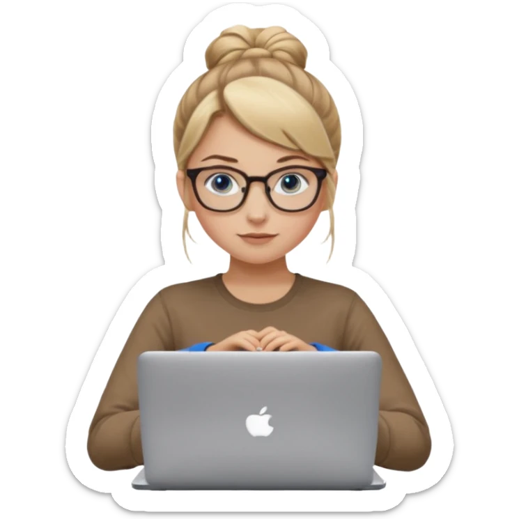 girl, dirty blonde hair, a bun, blue eyes, glasses, brown longsleeve, a laptop. upper body. sticker