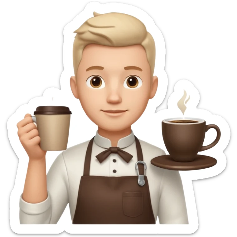 male barista portrait, head and shoulders only, wearing apron collar, holding a coffee cup, confident friendly expression, cafe worker vibe, 3D cartoon, mobile game icon style, clean background, no text, no watermark
 sticker