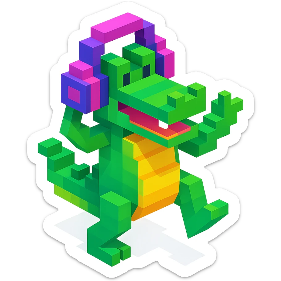 crocodile with headphones dancing, isometric view, voxel style sticker