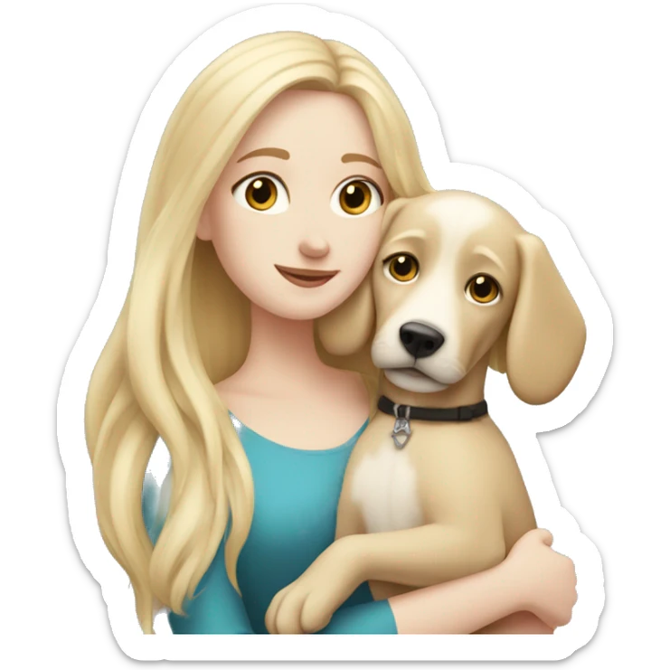 pretty woman with pale skin, very long blonde hair hugging a dog sticker