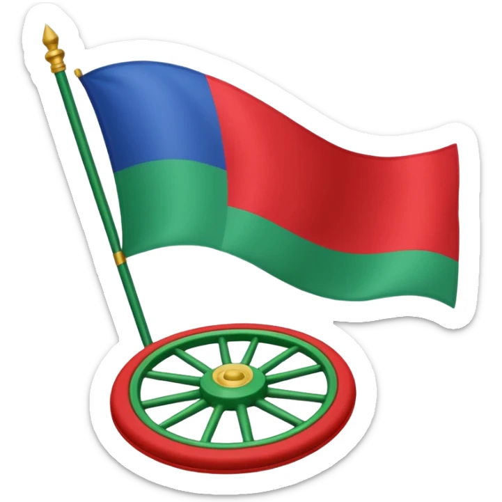 Sur un drapeau Une bande Bleu en haut et une verte en bas avec une roue rouge au milieu sticker