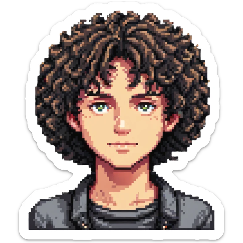 Teen boy character with curly hair, youthful face sticker