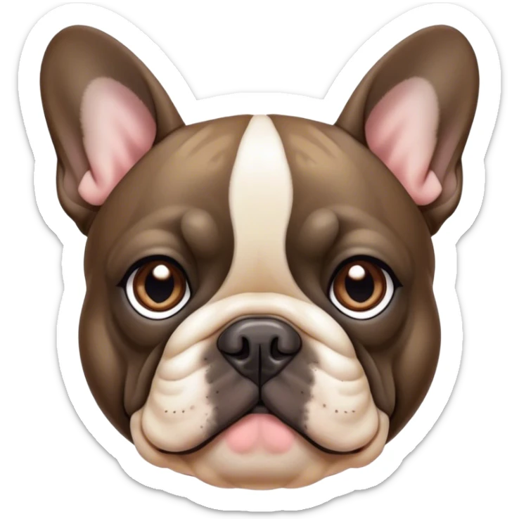 Cinematic Noble Brindle French Bulldog Portrait Emoji, Poised and regal, with a compact, muscular build and a sleek, well-groomed brindle coat accented by subtle fawn highlights, deep-set soulful dark eyes, Simplified yet sharp and sophisticated features, highly detailed, glowing with a soft, dignified glow, high shine, intelligent and determined, stylized with an air of authority, focused and attentive, soft glowing outline, capturing the essence of a watchful and confident companion, so majestic it feels as though it could strut out of the screen with effortless authority! sticker