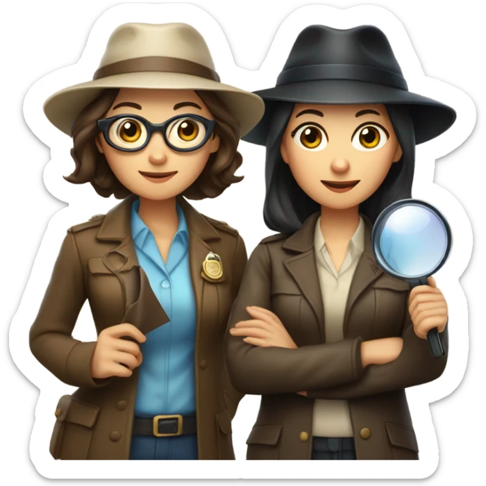Two women detectives with hats and magnifying glasses, one with brown hair and one with black hair. One Asian one white sticker