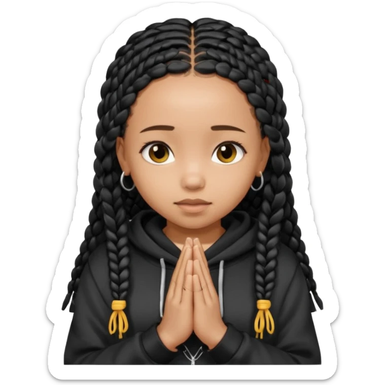 African American girl light skin with long black box braids and plain black hoodie with prayer hands sticker