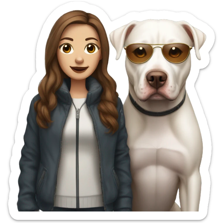 white woman with long brown hair in a furry jacket standing alongside a white pitbull with a brown eye patch  sticker