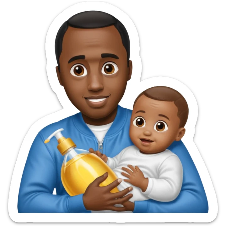 Sean “Diddy” Combs with baby oil and a very small infant and he’s pouring the baby oil on the baby and they have a scared face they’re really scared while diddy is happy sticker