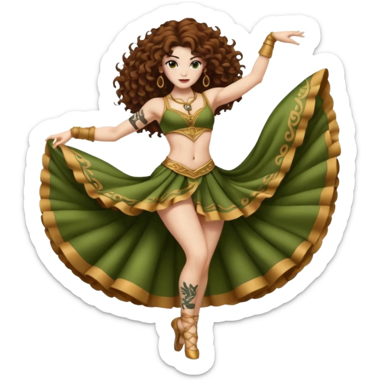 full body woman long curly brown hair brown eyes white skin tattoos muscular build moss silk dancer costume, mid spin sticker