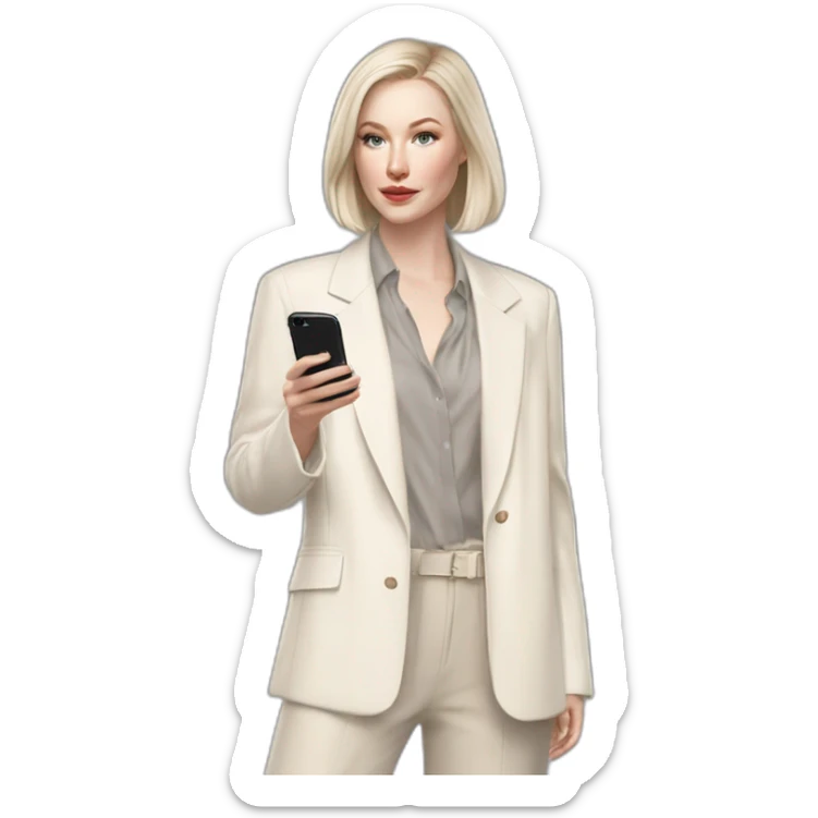 pale skin woman with ash blonde Straightened bob Hair, White Spacious classical jacket, beige palazzo Arrow pants and gray blouse holding white IPhone 15 pro in the hands sticker