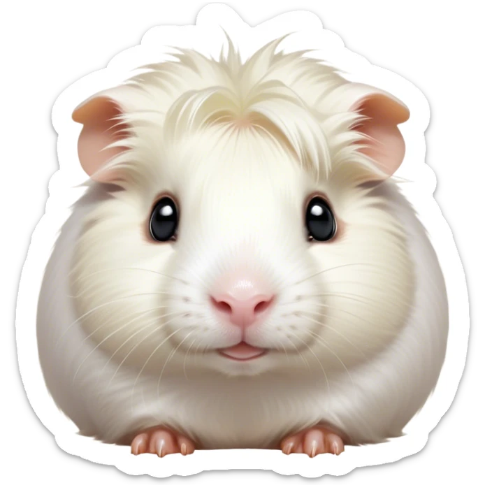 Cinematic Cute White Guinea Pig Portrait Emoji, Head tilted playfully and inquisitively, showcasing a silky, immaculate white fur with a natural glow, round, sparkling dark eyes filled with curiosity, Simplified yet irresistibly adorable features, highly detailed, glowing with a warm, friendly light, high shine, affectionate and lively, stylized with a touch of whimsy, bright and endearing, soft glowing outline, capturing the essence of a mischievous yet loving guinea pig, so playful it feels like it could nuzzle out of the screen and into your arms! sticker