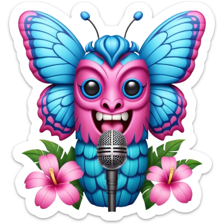 Pixar style little Cartoon Blue and pink tiki singing with butterfly and in the microphone, ultra detailed and lifelike imagery sticker