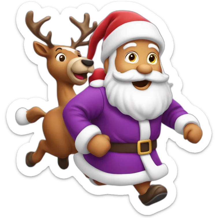 Santa Claus dressed in purple running with the reindeer to deliver the presents sticker